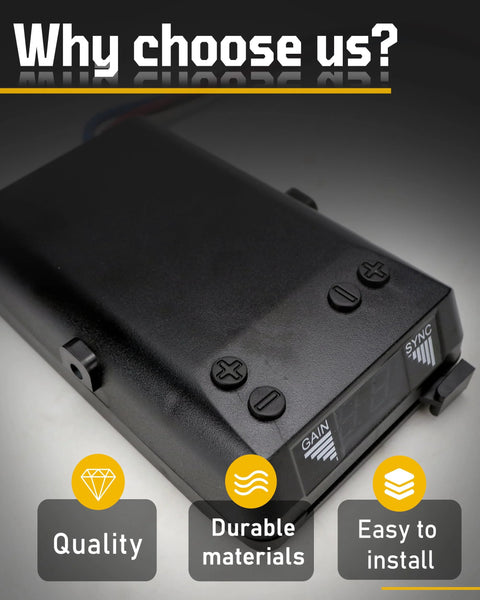 Top-front view of black plastic brake controller unit with gain and sync labels and plus/minus buttons