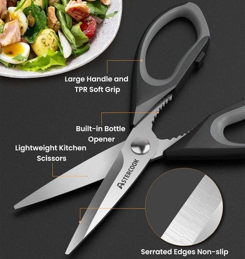 Heavy Duty Kitchen Scissors Three Pack Set Stainless Steel Kitchen Shears with serrated edges, soft grip, bottle opener