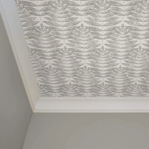 Ceiling view of Grey Terrain Botanical Peel And Stick Wallpaper With Scandinavian Influence, Repositionable and Removable, safe for walls.