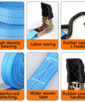 Close-up of Beefy 1 Inch Tie Down Straps, 20 Foot Length With Hooks, 2200 Lbs Break Strength, showing high density weaving and rubber handles.