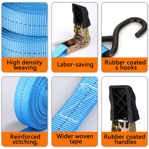 Close-up of Beefy 1 Inch Tie Down Straps, 20 Foot Length With Hooks, 2200 Lbs Break Strength, showing high density weaving and rubber handles.