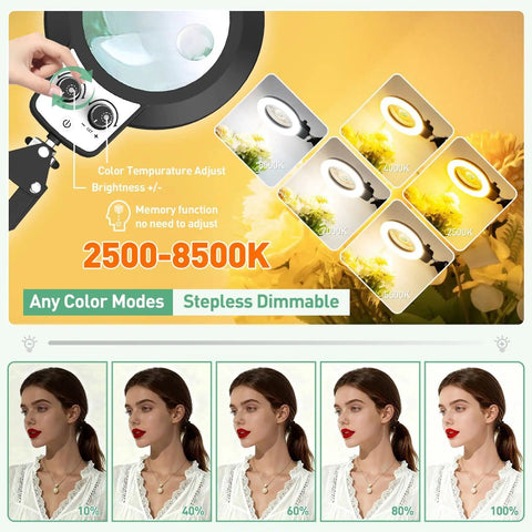 Pro Grade 12X 30X Magnifying Glass With Light And Stand showcasing dimmable brightness and adjustable color temperature features.
