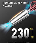 Close-up of the Heavy Duty High Flow Air Blow Gun with Powerful Venturi Nozzle, 230 PSI max pressure displayed on stainless steel.