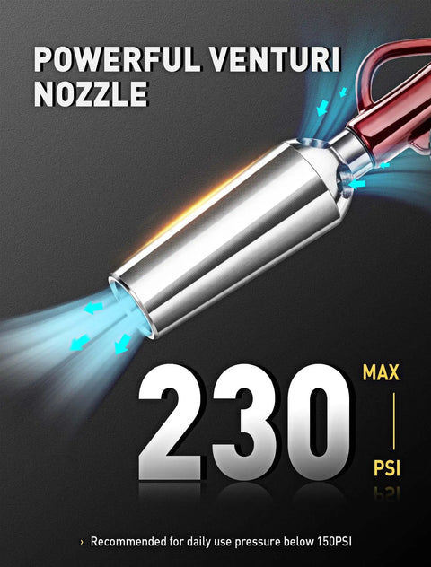Close-up of the Heavy Duty High Flow Air Blow Gun with Powerful Venturi Nozzle, 230 PSI max pressure displayed on stainless steel.