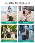 Travelers using versatile luggage for various occasions including weekend trips, leisure travel, college, and business trips.