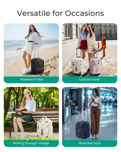 Travelers using versatile luggage for various occasions including weekend trips, leisure travel, college, and business trips.