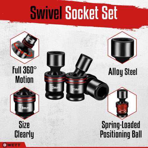 Beefy 18-Piece Half Inch Drive Shallow Impact Universal Joint Socket Set With Metric Wobble Sockets 10-24mm, Includes 3 Inch And 6 Inch Extension Bars, Quarter To Half Inch And Three Eighths To Half Inch Adapters, 6 Point; 21mm 22mm swivel sockets