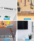 Various setups using Heavy Duty Metal 8 Outlet Power Strip With 1200J Surge Protector, mounted on desktop, workbench, bedroom, parlor.