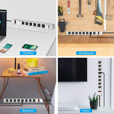 Heavy Duty 8 Outlet Power Strip With Mountable Design, 1200J Surge Protector used on desktop, workbench, bedroom, and parlor.