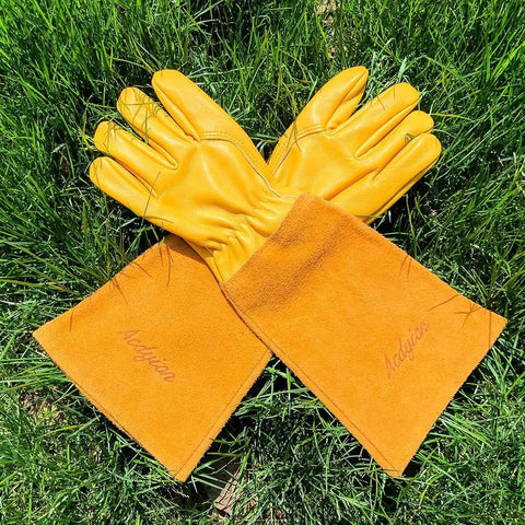 Thorn Proof Gardening Gloves For Men And Women With Thick Cowhide Leather Long Forearm Gauntlets Puncture Resistant Rose Pruning Gloves For Cacti And Blackberries Great For Yard Work Yellow X Large