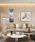 Vertical Slatwall Art Panel 12 In W By 40 In H With Dope Deep Space Stars Graphic Prelaminated MDF in a living room setup
