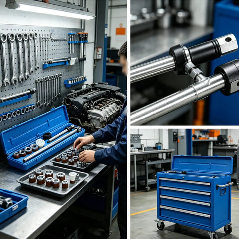 Under The Hood Camshaft Bearing Installer Remover Tool Universal Range 1.125 to 2.69 Inches in a mechanic's workspace with tools.