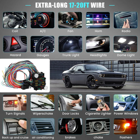 21 Circuit Wiring Harness Kit With Extra Long Wires And 17 Fuses for Universal Fit in Classic Cars and Accessories