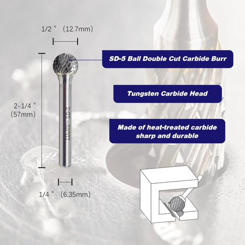 Image of Pro Grade Tungsten Carbide Ball Burr Double Cut Rotary Bit Set Half Inch Cutter Diameter Half Inch Cutter Length Quarter Inch Shank 3 Pack For Metalworking Machining Forging Grinding And Fabrication.
