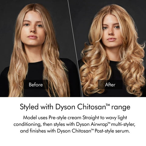 Model before and after using Chitosan Pre Style Cream For Straight To Wavy Hair With Light Conditioning 100ml Delivers 2x Longer Hold And Up To 50 Percent Less Frizz Ideal For Thin Strands Lightweight Formula For Easy Smooth Styling