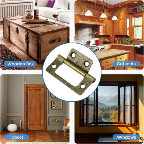 Rock Solid 4 Pack Non Mortise Door Hinges Bronze Finish Heavy Duty Bifold Cabinet Hardware showcased with wooden box, cabinets, doors, and windows.