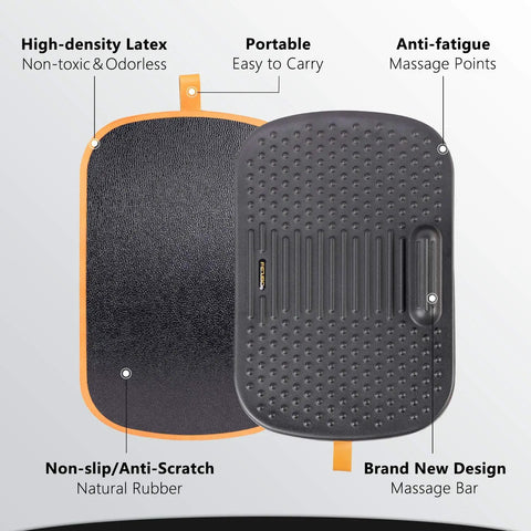 Standing Desk Mat With Anti Fatigue Bar And Wooden Wobble Balance Board for ergonomic comfort in obsidian black.
