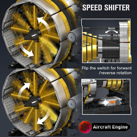 Dope Working Aircraft Engine Model Kit With Motorized Turbofan For Display, 2256 Pieces DIY STEM Project For Teens And Adults, Realistic Rotating Fan Blades And Compressor Stages, Battery Box Included showing rotating fan blades and speed shifter