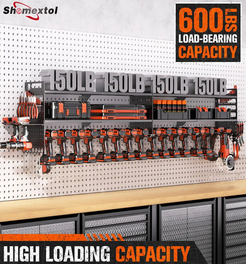 Two Pack Heavy Duty Power Tool Organizer Wall Mount With 18 Drill Holders And 600 Lbs Capacity Three Layer Garage Storage Rack For Cordless Tools Workshop Organization In Black mounted on a wall.