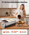 Pro Level Commercial Chocolate Melting Machine With Three Tanks And 27 Pound Capacity Featuring Smooth Water Bath Heating And Dead On Temperature Control For Hassle Free Cocoa Prep Daily in kitchen with chocolate being poured.