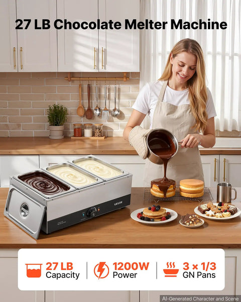 Pro Level Commercial Chocolate Melting Machine With Three Tanks And 27 Pound Capacity Featuring Smooth Water Bath Heating And Dead On Temperature Control For Hassle Free Cocoa Prep Daily in kitchen with chocolate being poured.