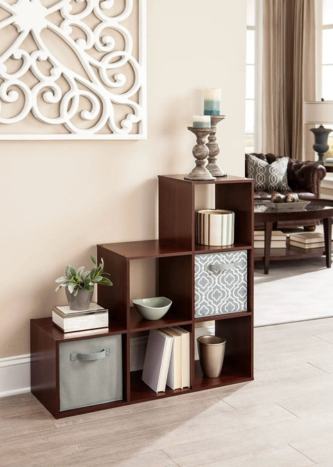 Three Tier Cube Storage Organizer Shelf With Step Design For Corner Units Dark Cherry Wood Finish Great For Books Clothes Decor Display Photos And Frames In Living Room Bedroom Office Easy Assembly