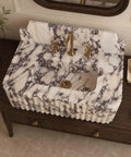 Calacatta Viola Marble Sink with Sculpted Backsplash, Fluted Vanity Washbasin, Hand-Carved Natural Stone Bathroom Basin, Custom Luxury Powder Room Sink, top view with gold faucet.