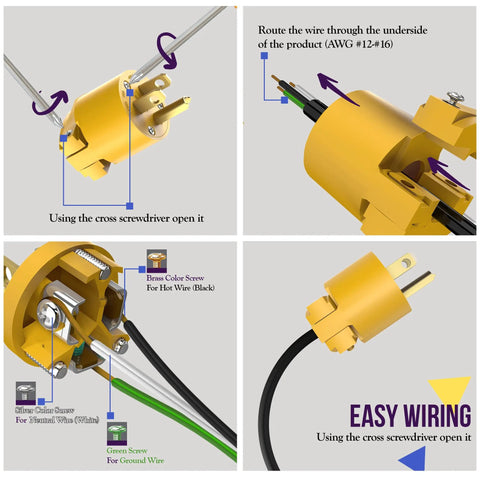 Electrical Replacement Plug And Connector Set For Extension Cords Built To Last, NEMA 5-15P And 5-15R, shown in assembly steps