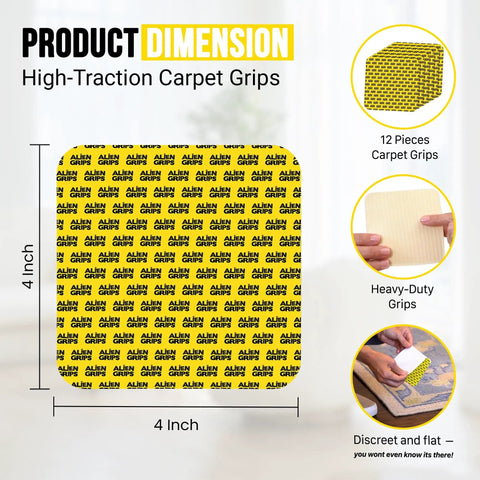 Rug Gripper Tape for Area Rugs, 12 Pack 4x4 Inch Double Sided Non Slip Carpet Tape, product dimensions and features