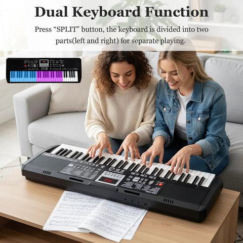 Two women playing on 61 Key Portable Keyboard Piano With Stand And Bench Lighted Keys 200 Rhythms And 200 Tones, dual keyboard mode.