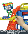 Child using lift with Hot Wheels Tunnel Twist Car Wash Play Set With Color Shifter Car, 18-Piece Hot Wheels City Vehicle Wash Toy For Kids
