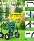 Beefy Heavy Duty Hose Reel Cart Holds Up To Three Hundred Feet Of Five Eighth Inch Hose With Four Wheels And Built In Storage Basket