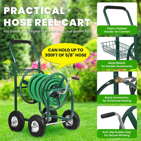 Beefy Heavy Duty Hose Reel Cart Holds Up To Three Hundred Feet Of Five Eighth Inch Hose With Four Wheels And Built In Storage Basket