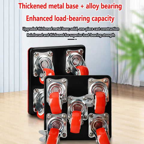 Heavy Duty Furniture Movers With 4 Wheels And Lift Arm Tool Set For Easy Move Heavy Sofa Couch or Appliance Across Hard Floors Like Tile or Wood Without Scratching Surfaces, showing upgraded thickened metal base and wheels.