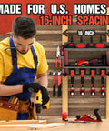 Power Tool Organizer With Charging Station And Heavy Duty Modular Wall Mount For Garage And Shed Eight Outlet Dock With Overload Protection featured with 16-inch spacing, holding drills and tools, workshop setup.