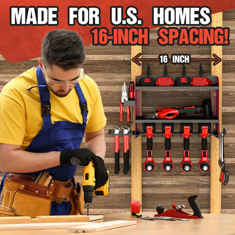 Power Tool Organizer With Charging Station And Heavy Duty Modular Wall Mount For Garage And Shed Eight Outlet Dock With Overload Protection featured with 16-inch spacing, holding drills and tools, workshop setup.