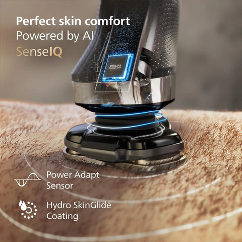 Wet And Dry Electric Shaver With SenseIQ Technology For A No Nonsense Close Shave And Skin Comfort, Triple Lift And Cut System For Tough Areas, 360 Rotating Dual Steel Precision Blades, Nose Trimmer, Model X9000 90 on skin