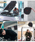 Heavy-Duty Retractable Air Hose Reel 50Ft 3/8 Inch Polymer Line Solid Brass Fittings in auto repair and workshop settings.
