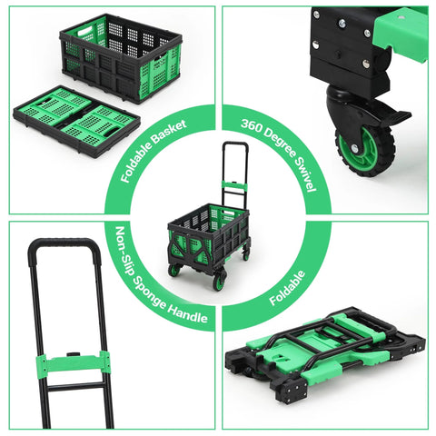 Amazon 2-in-1 folding hand truck with green foldable basket, 4 wheels, retractable handle, 330 lb capacity.