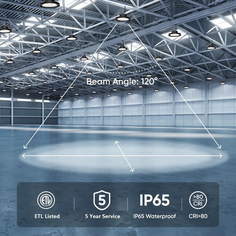 Ultra Bright 160W UFO LED High Bay Light For Warehouse Garage And Workshop, 24000 Lumen 5000K, beam angle 120 degrees, installed