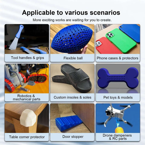 Various applications of Black 1.75mm TPU Filament 95A 1Kg for FDM 3D Printers, including phone cases, flexible balls, and drone parts.