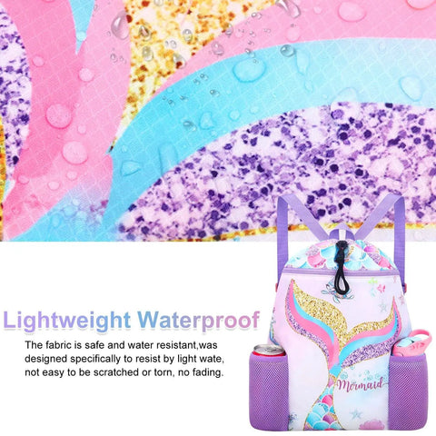 Colorful Mermaid Swim Bag For Kids Drawstring Backpack with reinforced handles and waterproof fabric