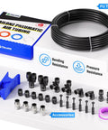 Pro Grade Quarter Inch OD PU Air Tubing Kit With Thirty Two Point Eight Feet Of Polyurethane Hose Ten Meter Flexible Air Line Tubing Set Includes Push To Connect Fittings Union Tee Elbows Y Splitters Straight Unions Twenty Seven Pieces displayed on table.