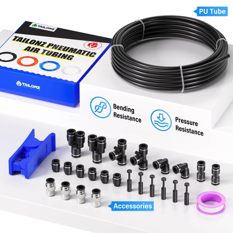 Black 1/2 Inch OD PU Air Tubing Kit with 10 Meter Length and 27 push-to-connect fittings displayed.