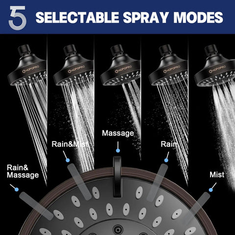 Five Mode High Pressure Shower Head showing 5 spray settings for high flow, oil rubbed bronze finish, water saving tech without compromising force.