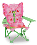 Kid Sized Butterfly Back Folding Chair With Built In Cup Holder In Armrest, Storage Bag, Pink And Green Butterfly Theme