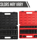 Two cases of Three Eighths Inch Drive Pro Grade Master Impact Socket Set, 29-Piece Metric 8mm Through 22mm shown in black and red.