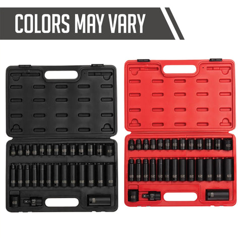 Two cases of Three Eighths Inch Drive Pro Grade Master Impact Socket Set, 29-Piece Metric 8mm Through 22mm shown in black and red.