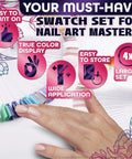 Hand holding 200 Pcs Nail Swatch Sticks Clear Gel Polish Swatches On Metal Ring Display, with design benefits shown.