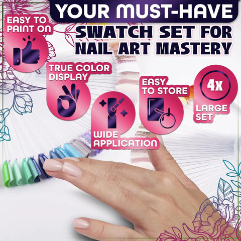 Hand holding 200 Pcs Nail Swatch Sticks Clear Gel Polish Swatches On Metal Ring Display, with design benefits shown.